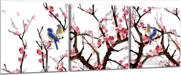 抽象的かつ装飾的 Painting - セットパネルの梅の花の中の鳥